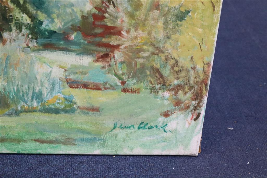 Jean Clark (1902-), oil on canvas, Figure amongst trees, signed, 50 x 60cm, unframed